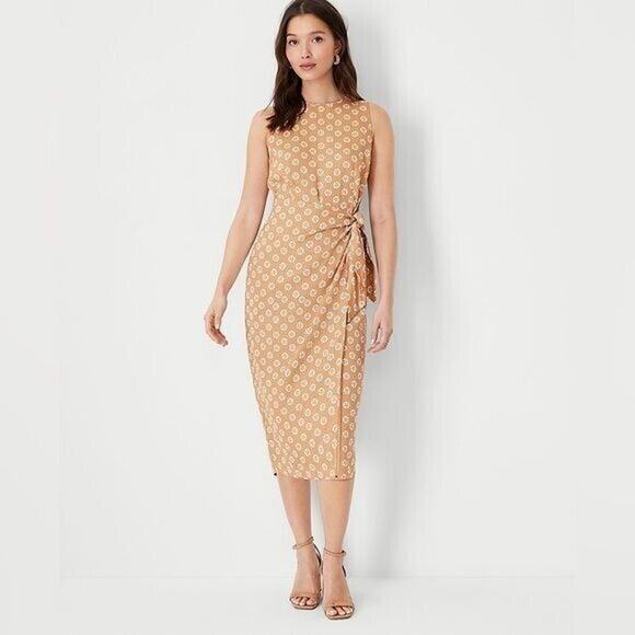 NEW Ann Tayler Petite Floral Tie Waist Sheath Dress Sz 2 midi Tan/White printed - Picture 1 of 7